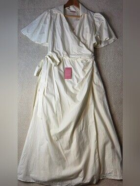Ivy City Co Poplin Shelby Dress Ivory Maxi Wrap Dress Flutter Sleeves S NWT